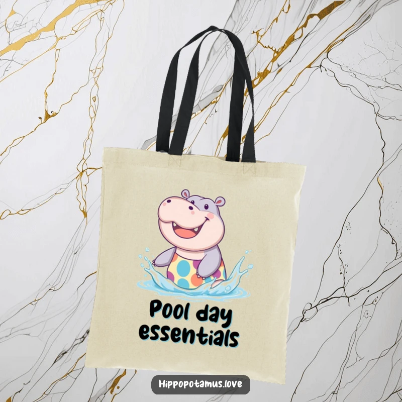 Funny Hippo Splash Tote Bag showing a joyful hippo in a swimsuit, ready for beach fun, a useful funny gift.